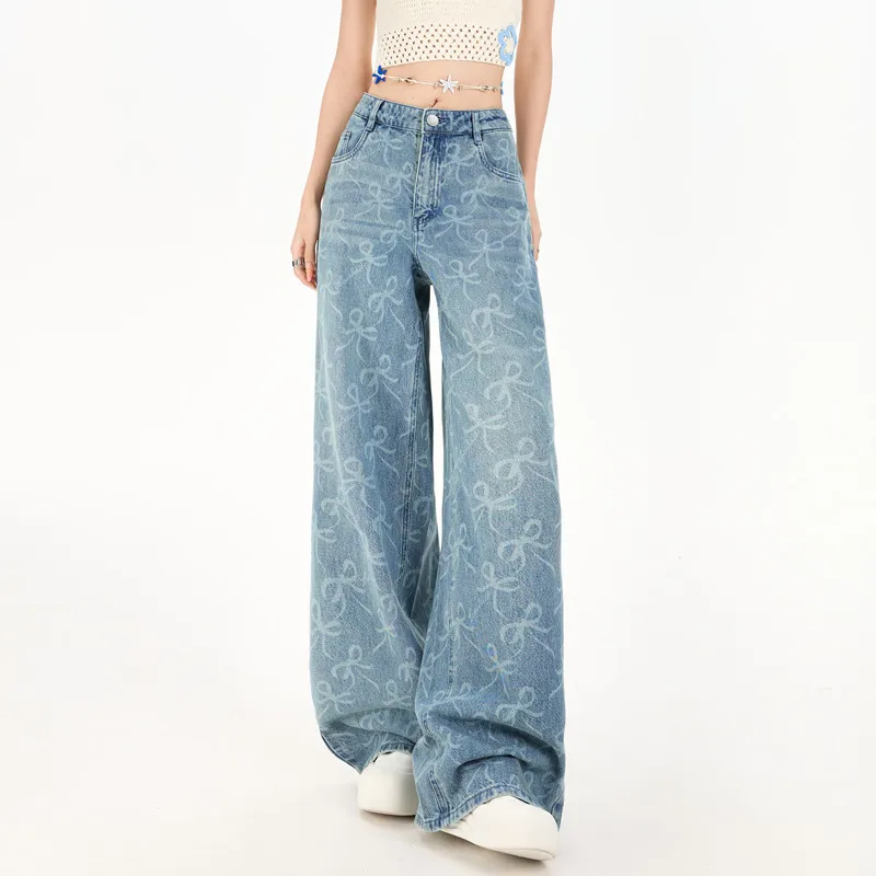 Blue High Waisted Lyocell Bow Tie Print Wide Baggy Jeans Women Summer Casual Vintage Breathable Thin Wash Straight Denim Pants