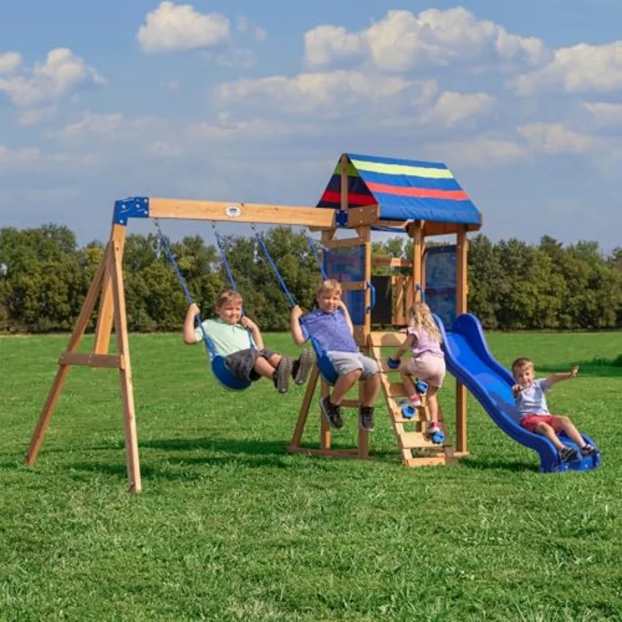 

Outdoor swing set for backyard use, cedar wood, natural color, weather-resistant and eco-friendly with wave slide, play deck, r
