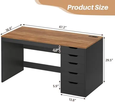 47 Inch Computer Desk with 5 Drawers and Power Outlets, Home Office Desks with Storage File Cabinet, Modern Simple