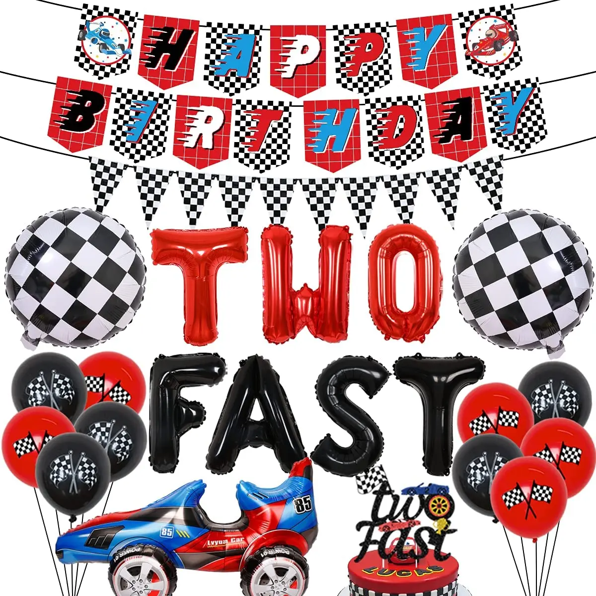 

Race Car 2nd Birthday Party Decor Supplies Two Fast Balloons Cake Topper Racing Theme Happy Birthday Banner for 2 Years Old Boys