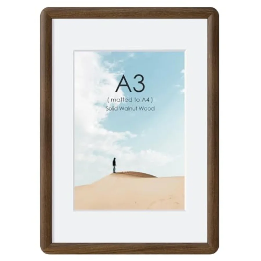 

A3 Picture Frame, Natural Photo Frame with Tempered Glass, A3 Wood Picture Frame with Mat for A4 Photos, Curved Rounded Corner