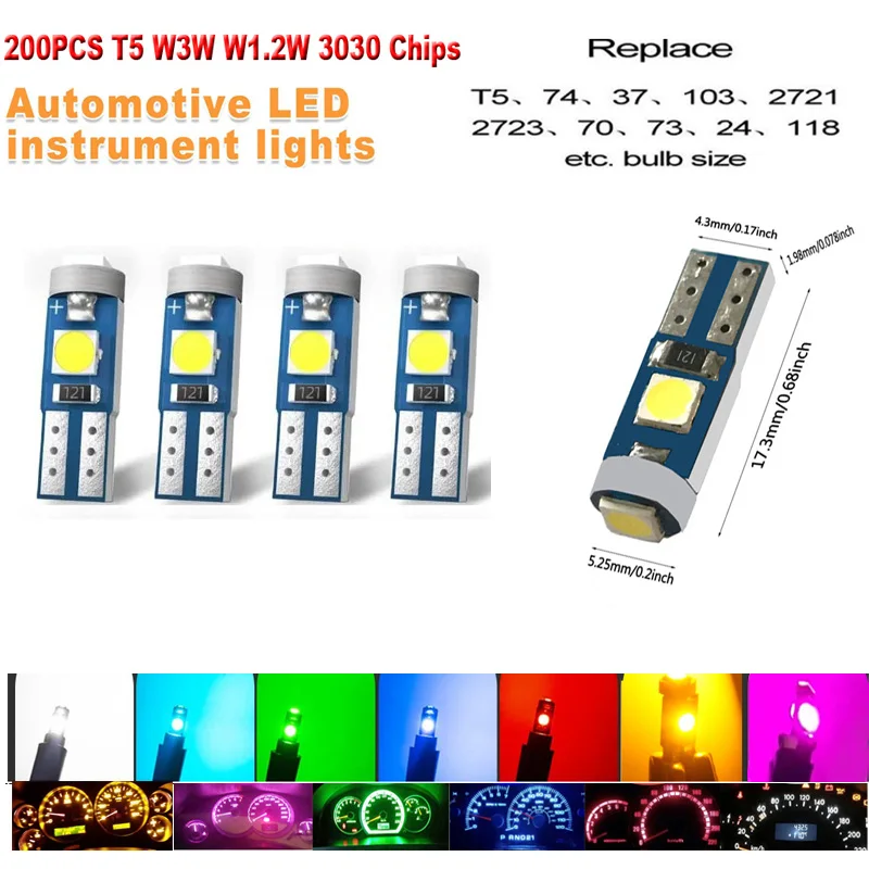 200 pçs super brilhante led t5 w3w w1.2w 3smd carro motocicleta painel aquecimento luz indicadora cunha instrumento lâmpada lâmpadas de sinal