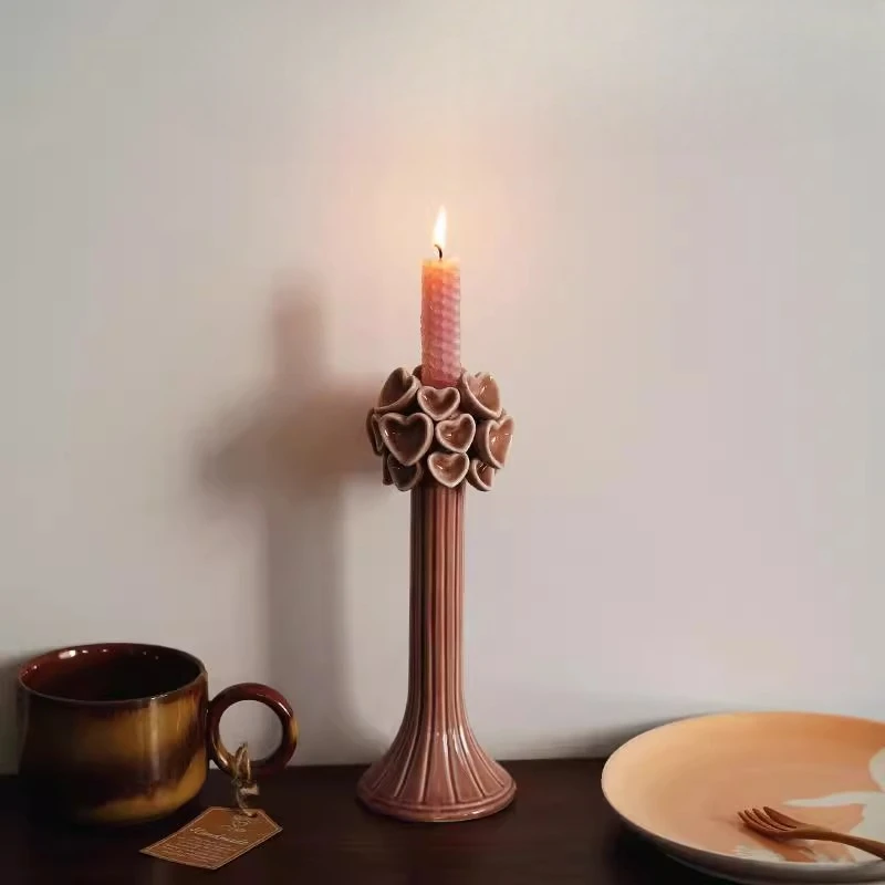 

Retro European medieval, European relief love shape ceramic Roman column candlestick, home decoration ornament