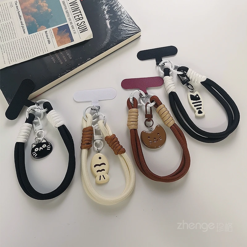 

Короткий ремешок для мобильного телефона, тканый браслет, милый кот, рыбья кость, кулон, брелок, универсальный чехол для телефона с защитой от потери