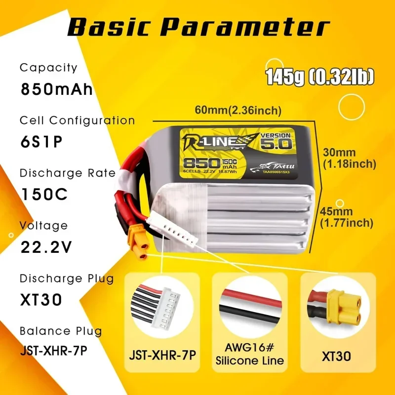 TATTU R-Line Version 5.0 6S Lipo Battery 22.2V 150C 850mAh Lipo Battery Pack with XT30U-F Plug