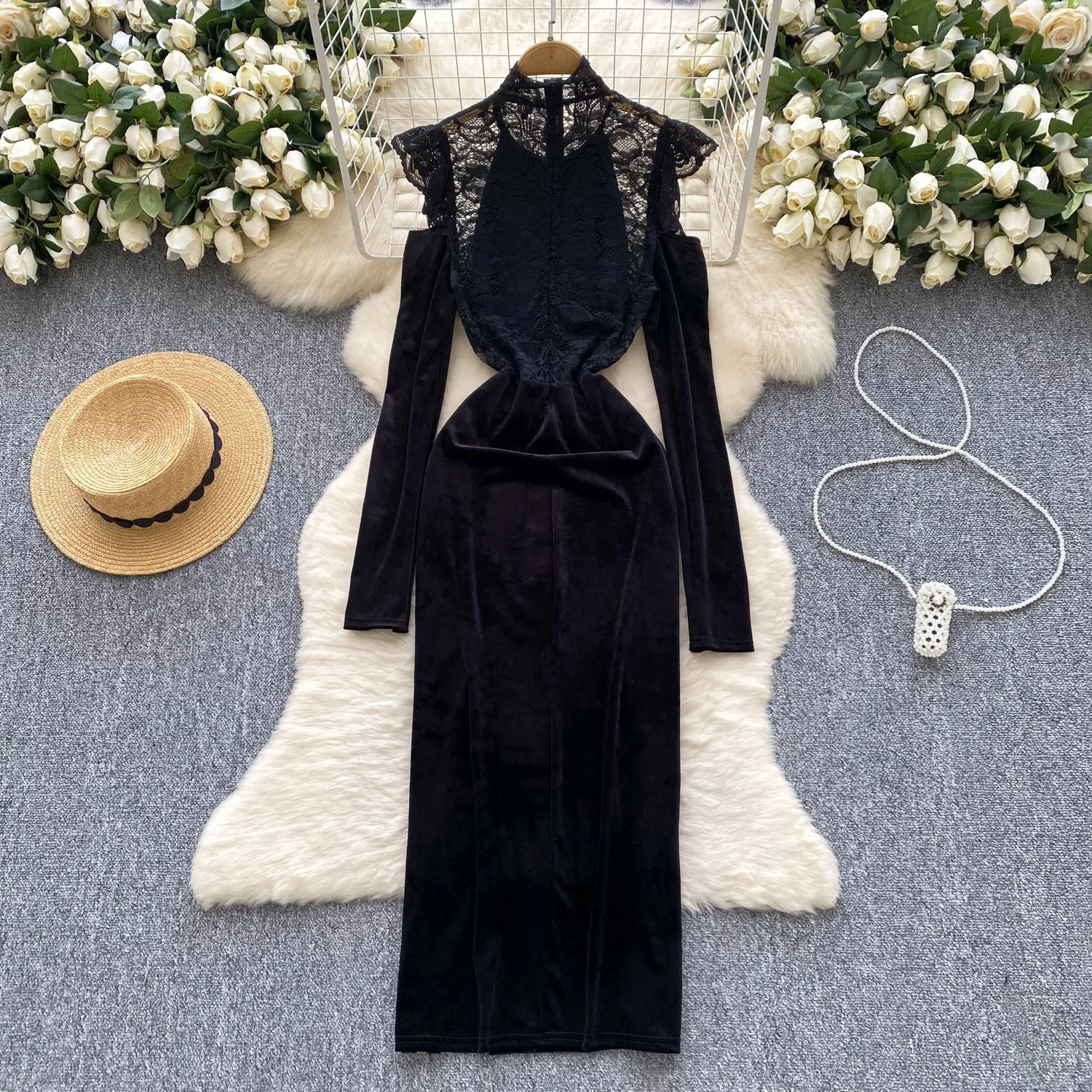 Elegant Mesh Embroidered Velour Vintage Off Shoulder Long Sleeves Split Long Dresses French Evening High Street Autumn Clothing