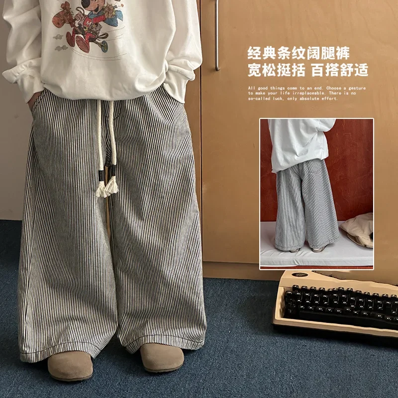 

Детская одежда, детские повседневные брюки, осень 2024, красивые хлопковые свободные полосатые модные детские брюки с широкими штанинами для мальчиков