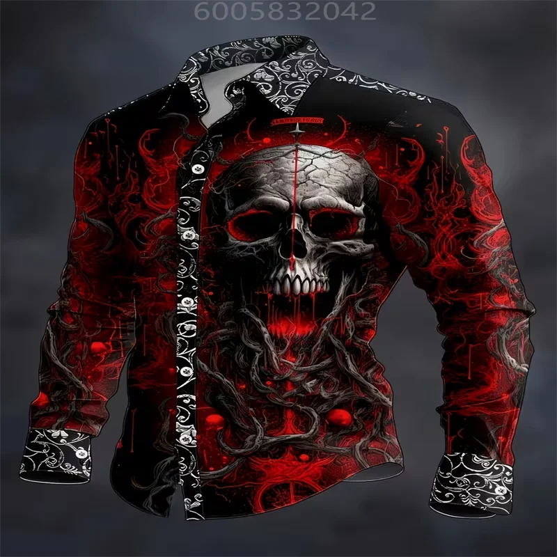 Men Fashion Dark Gothic Style Long Sleeve Shirt Terrifying Skull And Vines Horror Graphic Print Turn‑down Collar Halloween Party