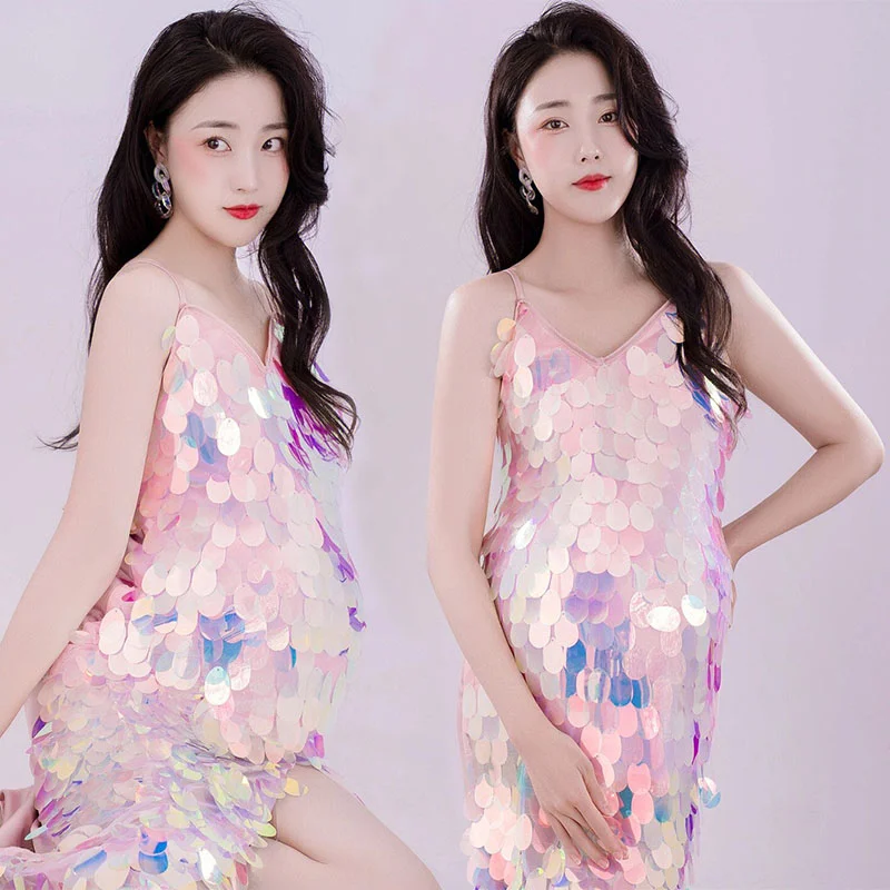 

Maternity Photography Props Blingbling Sequins Pregnancy Pink Dress V-Neck Sexy Maternity Gowns for Photo Shoot