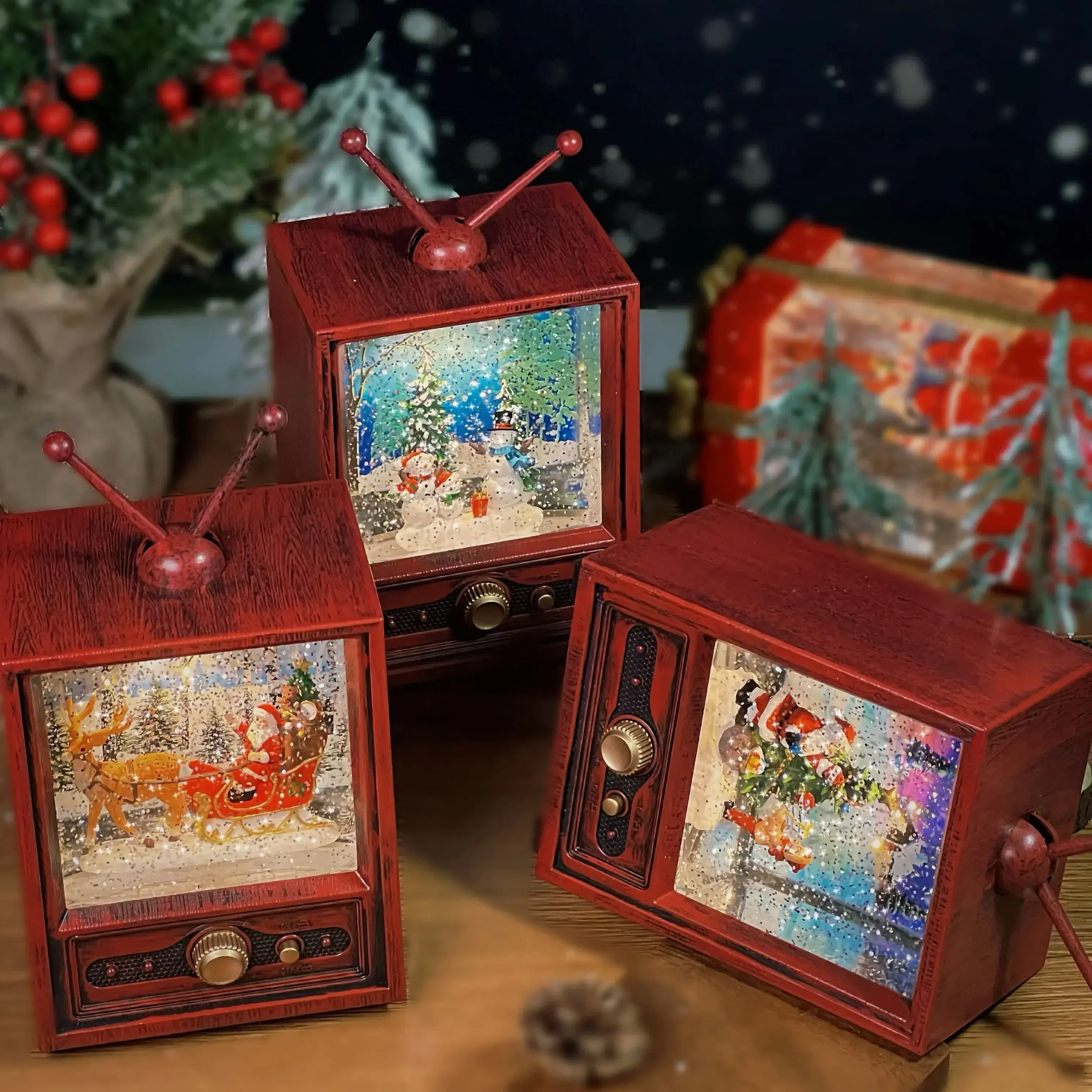 Christmas gifts for children on Christmas Eve, TV music box, drifting snow lights, atmosphere decoration ornaments