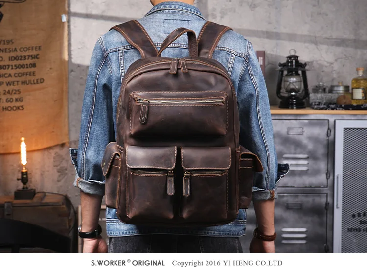 PNDME Vintage handgefertigter Crazy-Horse-Rucksack aus Rindsleder für Männer und Frauen, Outdoor-Reise-Schulrucksack aus echtem Leder mit großem Fassungsvermögen. – Detail 4