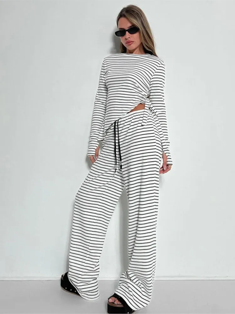 

Simple Style New In Matching Sets 2 Pieces Set For Woman Two Piece Outfit Striped Slim All-match Contrast Irregular Hem Leace-up