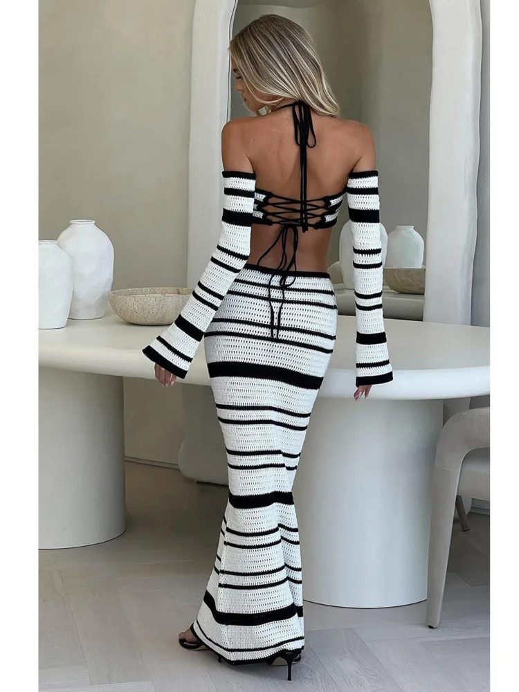 Articat Sexy Knitted Sweater Women Set 2024 New Striped Long Sleeved Hanging Collar Skirt Two-piece Set Party Vacation Beachwear