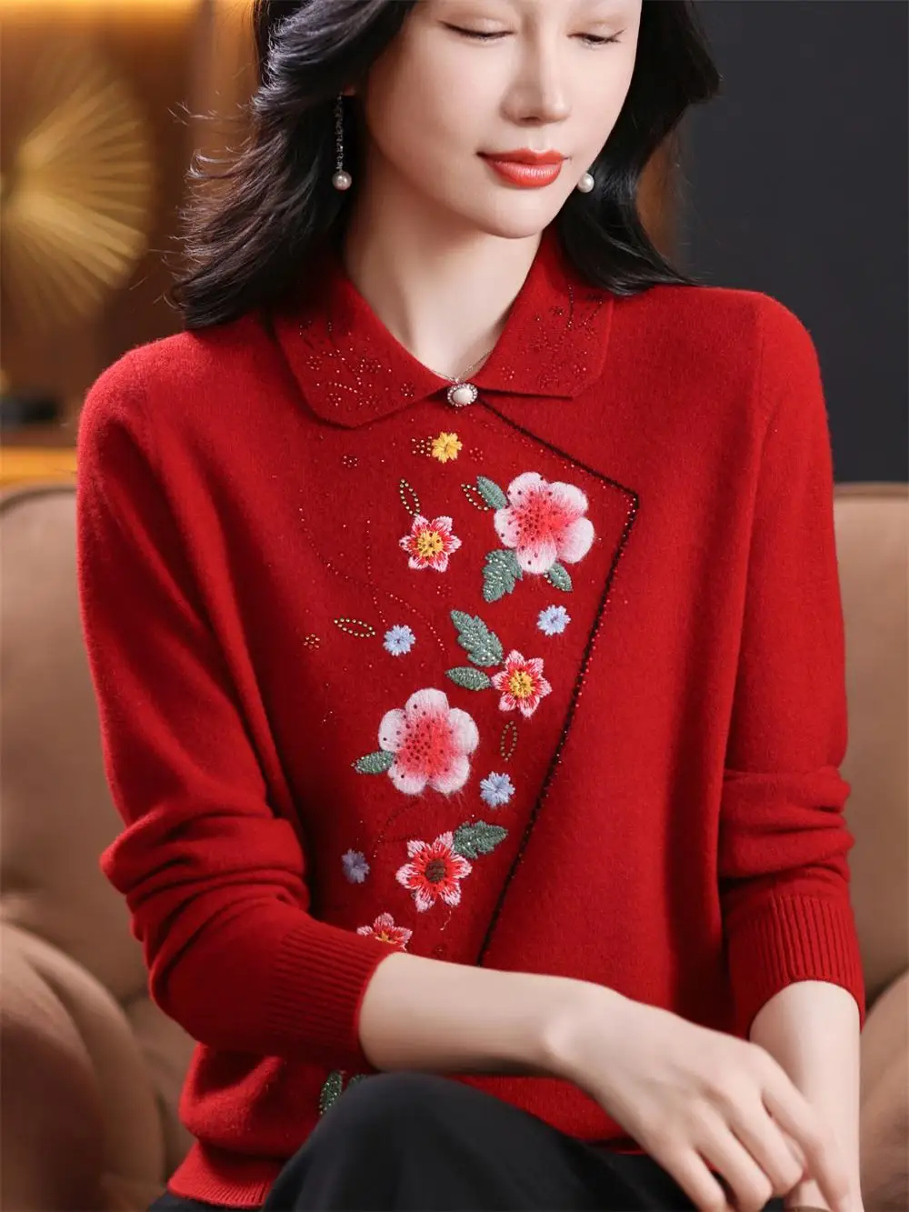 

Faionable 00 Pure Wool Off-oulder Netie Women's Base irt Mom's Sle Sweater Autumn Winter Mid-aged And ly Clot...