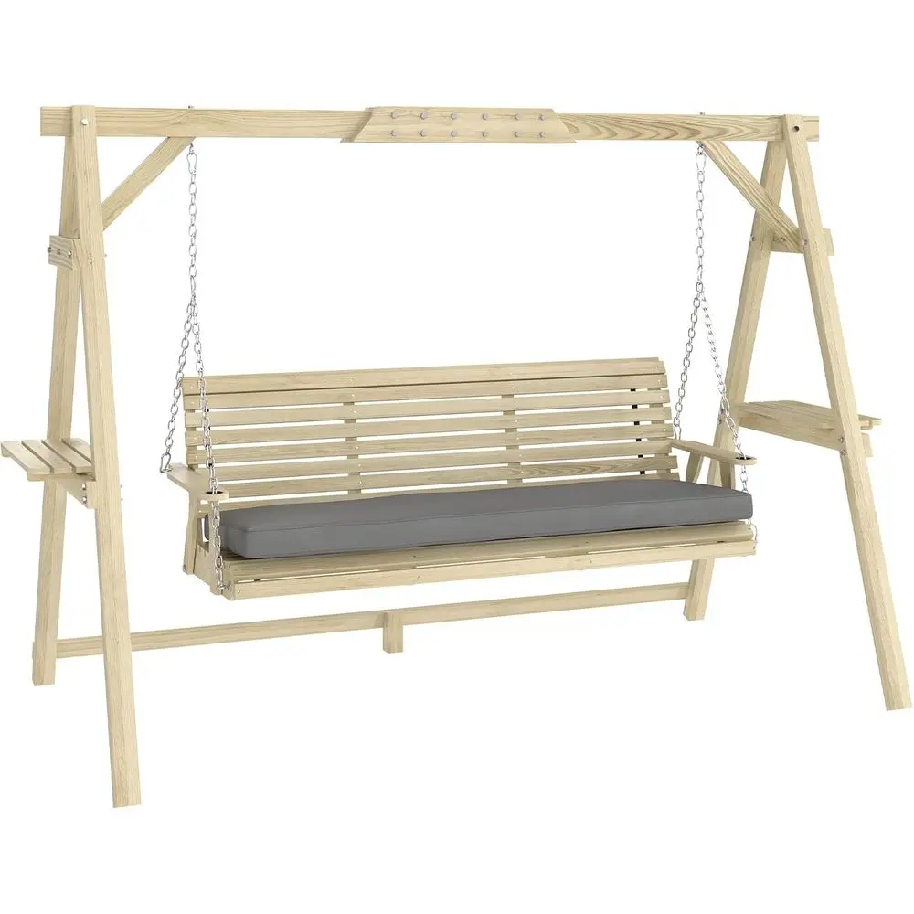 

Деревянные 3-местные садовые качели с подушками, боковыми столиками и металлическими цепями для улицы, двора или зоны у бассейна