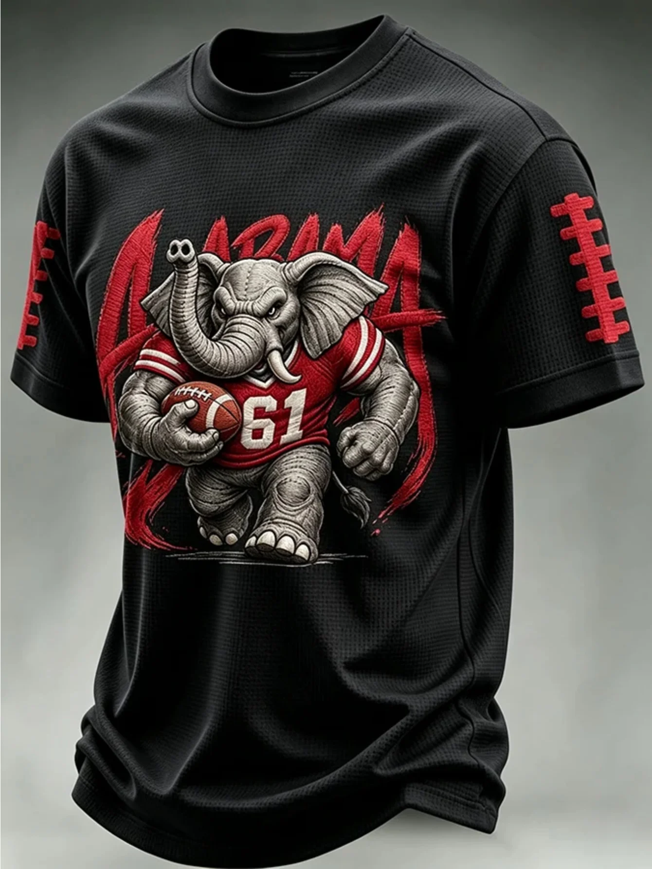 Printed craft, texture-free soccer match-themed men's short-sleeve T-shirt, waffle-knit elephant holding a ball mascot print, ro