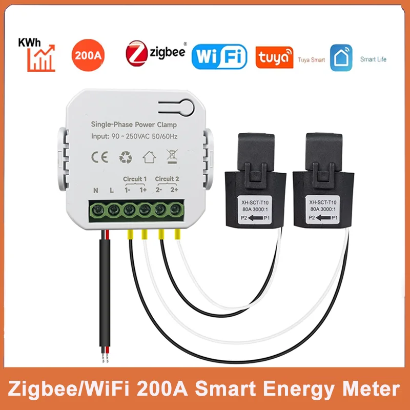 Zigbee WiFi Tuya Smart Energy Meter 200A with 2 Current Transformer Clamp 90-250V KWh Power Monitor Electricity Statistics Meter