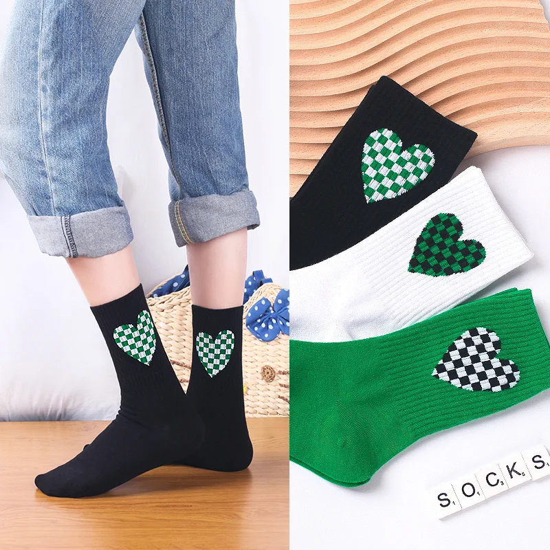 Cotton Socks Women Gift Plaid Checkboard Grid Green White Black Fashion Wholesale Love Heart Print Hip Hop Streetwear Calcetines