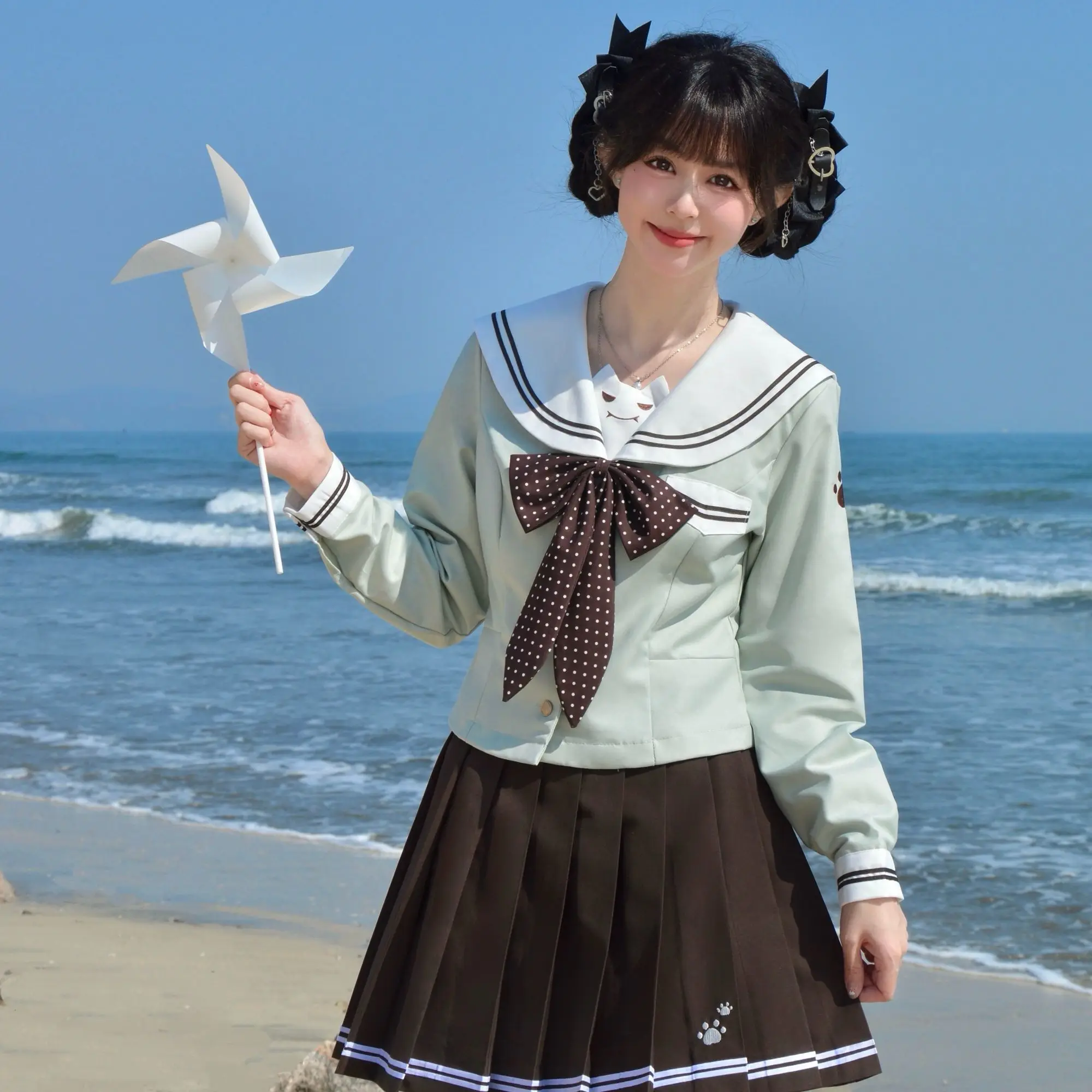 2026 JK Original Cat Pattern Uniform Summer Slim Waist College Style Sailor Suit Sweet and Cool White Collar JK Set