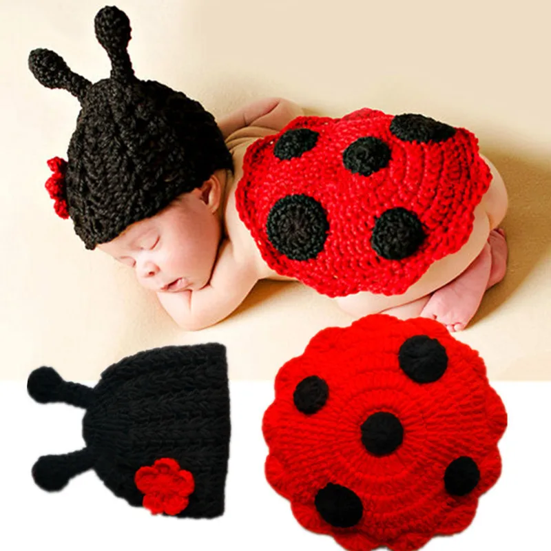 Cute Newborn Photography Clothing Baby Souvenirs Handmade Knitting Outfit Ladybug Style Clothes Kids Photography Accessories