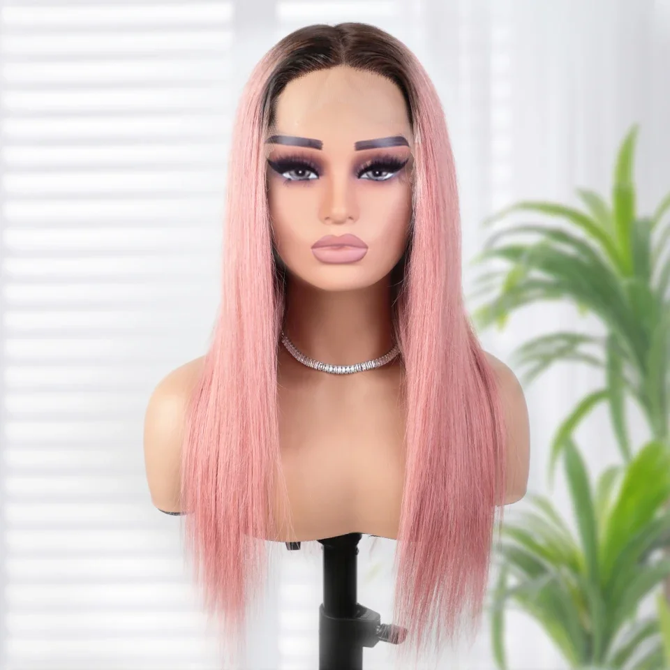 Lekker Rose Pink Bone Straight 13x6x1 T Part Lace Front Human Hair Wigs For Women Brazilian Remy Hair Glueless Colored Long Wigs