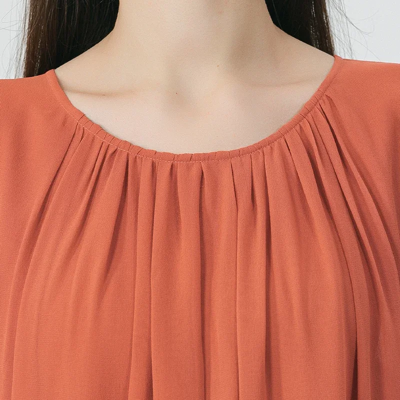 Voa tomate vermelho dupla camada georgette vestidos de seda amoreira o pescoço lanterna mangas compridas solto doce seda midi vestido ae1707