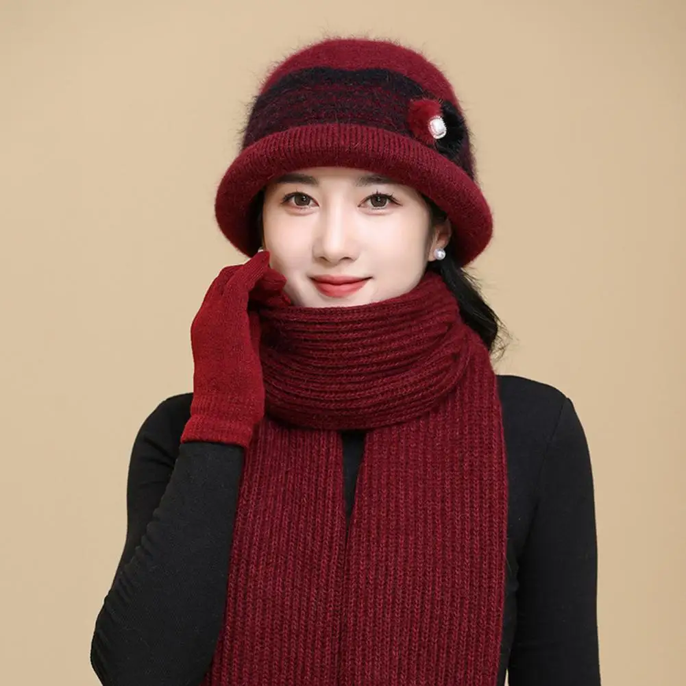 Faux Rabbit Fur Blend Hat Scarf Gloves Set Women Winter Hat Set Mid-aged Women Winter Beanie Scarf Gloves Set Thick Knitted Warm