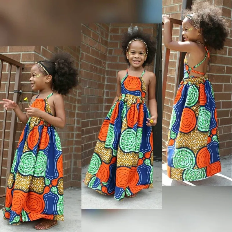 Summer African Dresses for Girls Dashiki Children Clothes Ankara Fashion Floral Print Halter Long Dresses Kids African Clothes