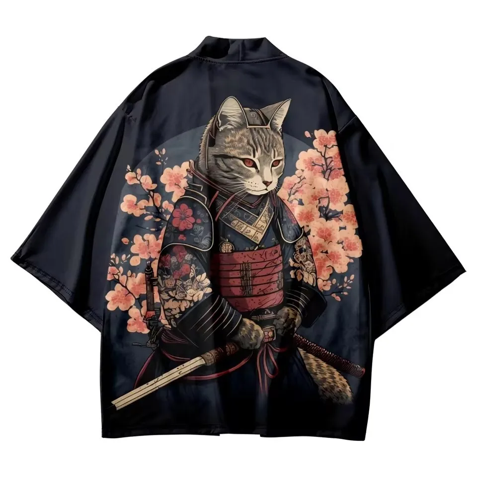 

Japanese Samurai Cat 3D Print Kimono Outdoor Streetwear Men's Trend Cardigan Japan Harajuku Traditional Haori