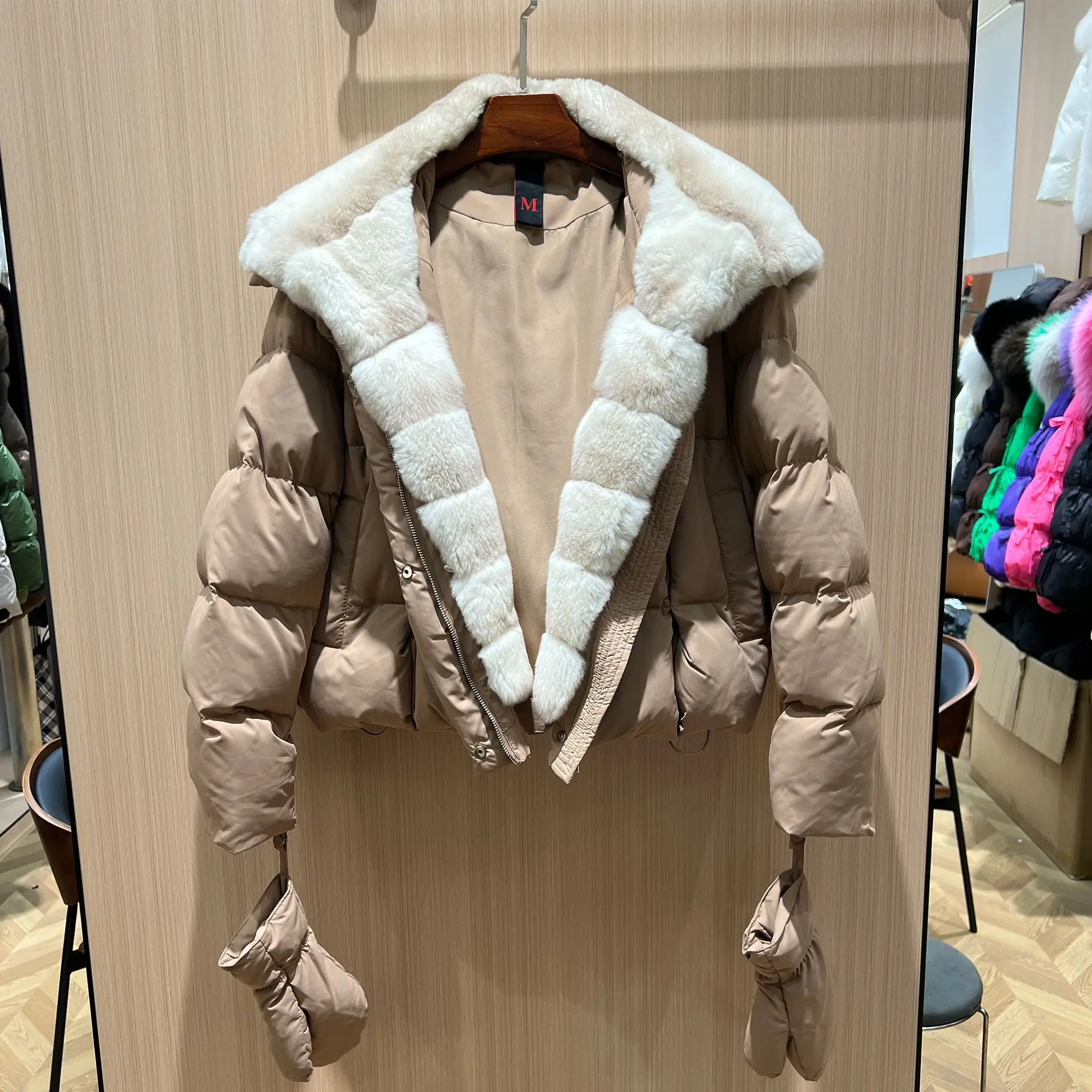 2025 Winter New Product European Station Rex Rabbit Hair Goose Down Jacket Women's Short Fashion Versatile Thickened Jacket