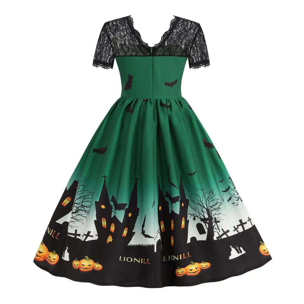 Elegant Women Halloween Party Dress Hollow Lace Retro A-line Haunted House Bat Printed Short Sleeves Cosplay Evening Dress