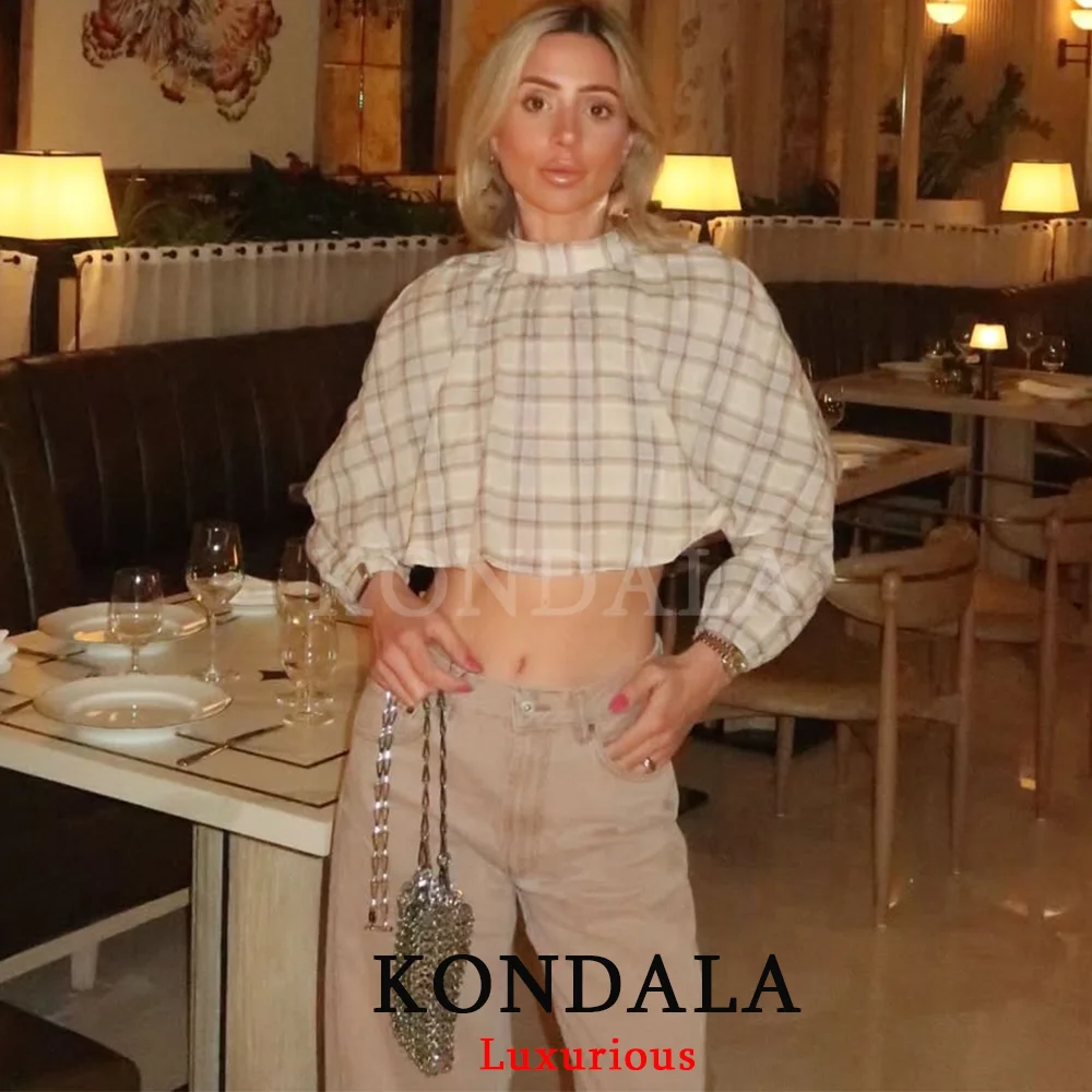 KONDALA Lässiges, trendiges Party-Top für Damen, kurz, kariert, gestuft, O-Ausschnitt, Langarm-Pullover, modisch, Frühling/Sommer 2026, Urlaubs-Top