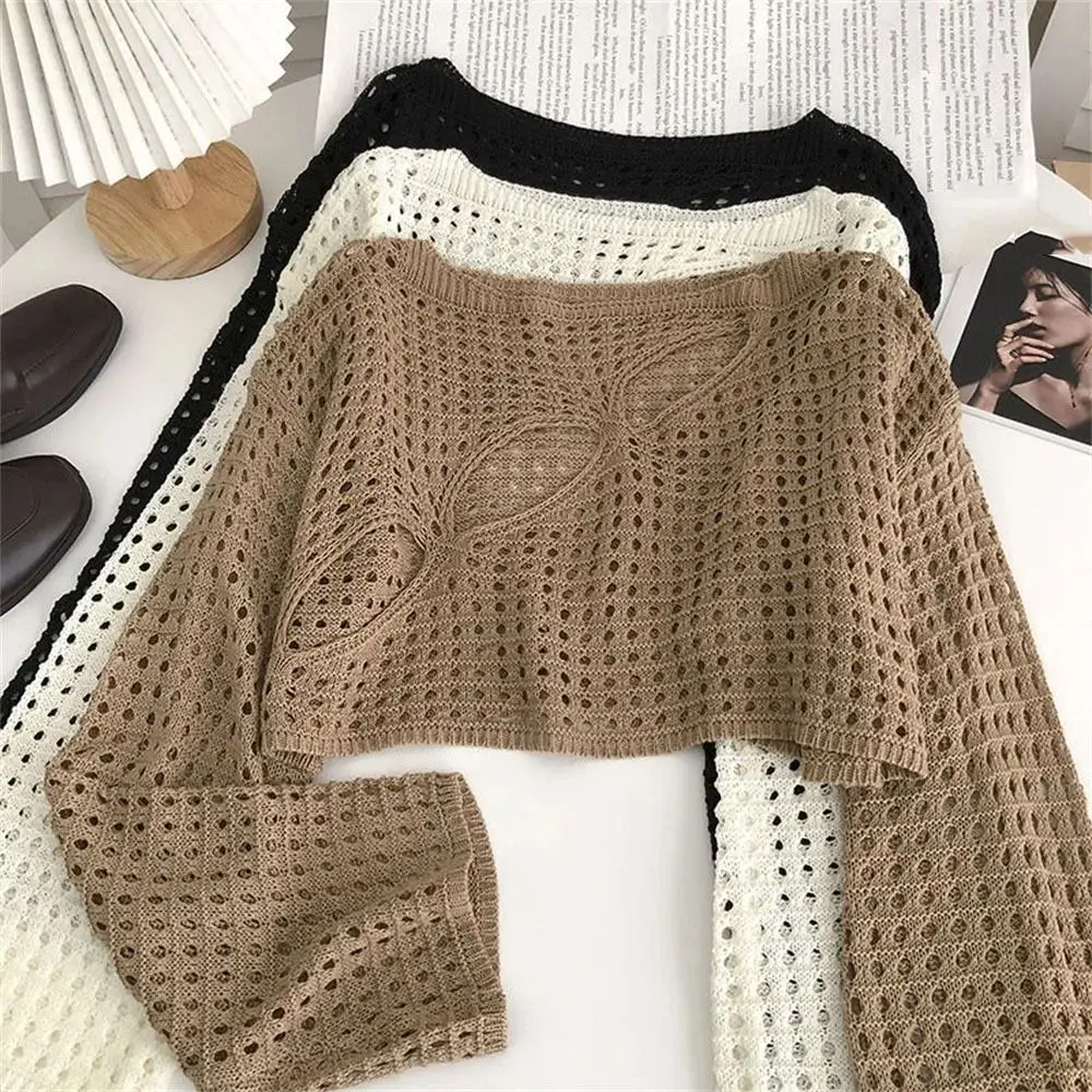 

Fashion Long Sleeve Hollowed Out Smock Loose Knitted Solid Cropped Tops Round Neck Pullover Hollow Out Knit Tops Club