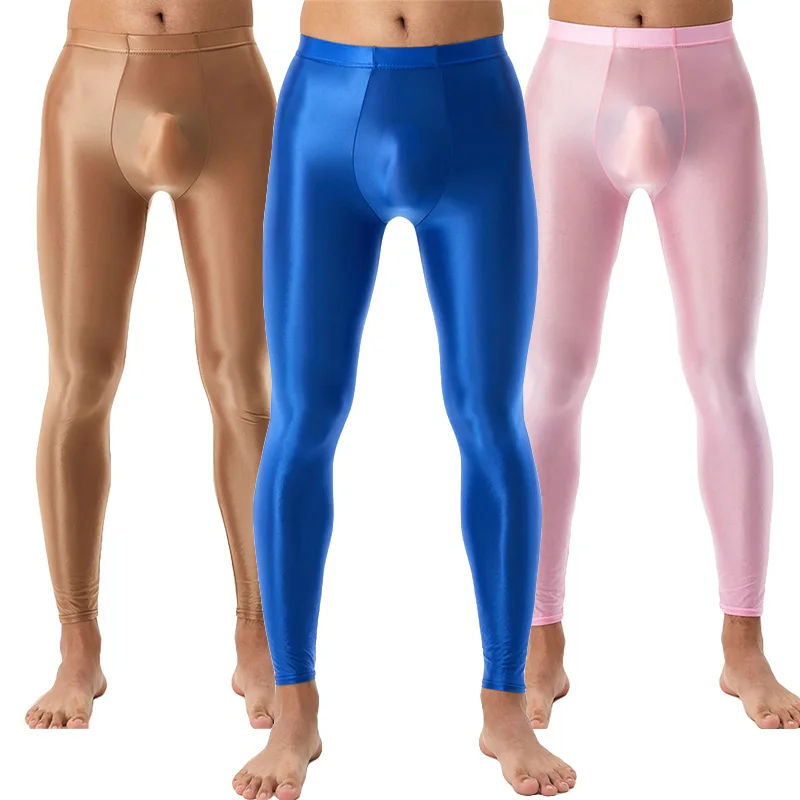 Gloss Tight Yoga Pants For Men High Elasticity Shiny Smooth Bulge Openning Pantyhose Leggings Sexy Male Underwear Bottoms