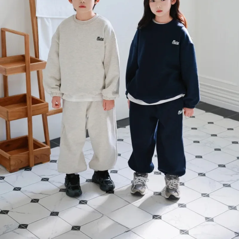 

2025 Winter New Children Plus Velvet Thick Clothes Set Boys Letter Print Fleece Sweatshirt + Pants 2pcs Suit Kids Sports Outfits