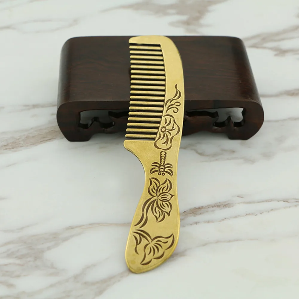 Antique Antique Brass Die Casting Relief Retro Peony Copper Comb Gua Sha Board National Manual Health Care Hair Comb