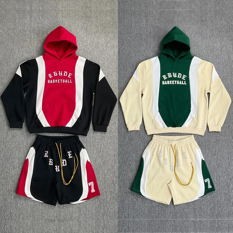 

Retro Patchwork Rhude Fleece Hoodie High Quality Loose Printed Pullover Streetwear Hip Hop Sweatshirt Sweatpants