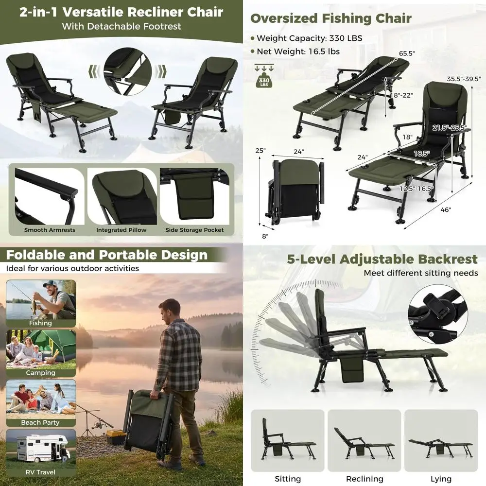 

Прочное всепогодное складное рыболовное кресло для взрослых с мягким высоким сиденьем, съемной подставкой для ног и регулируемыми ножками для использования на открытом воздухе