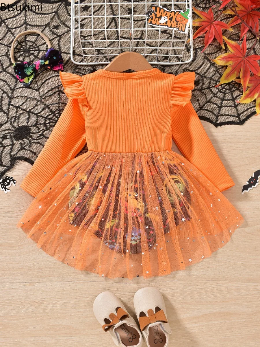 Summer Toddler Baby Girls' Halloween Romper Dress Long Sleeve Round Neck Tulle Patchwork Jumpsuit with Headband Newborn Clothes