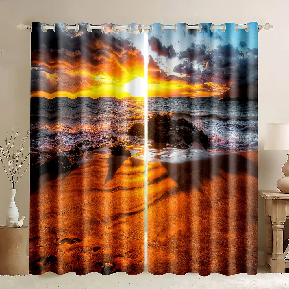 Tropical Sunset Blackout Window Curtain,Beach Water Wave Dusk Sky Curtain,Palm Tree Island Yellow Pink Purple Sky Print Curtain