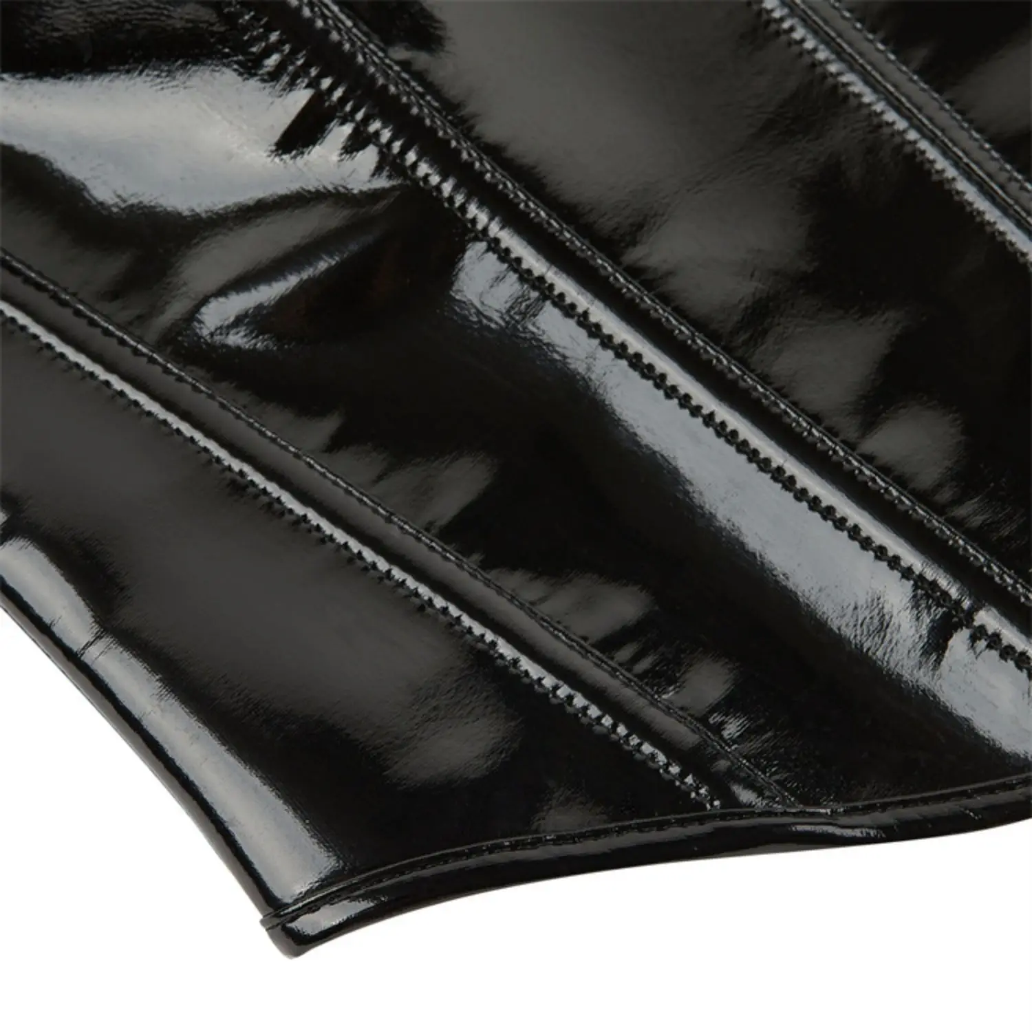 Corsé de cuero charol negro, rojo y blanco sin tirantes con diseño estructurado y cierre de cordones en la espalda para mujer