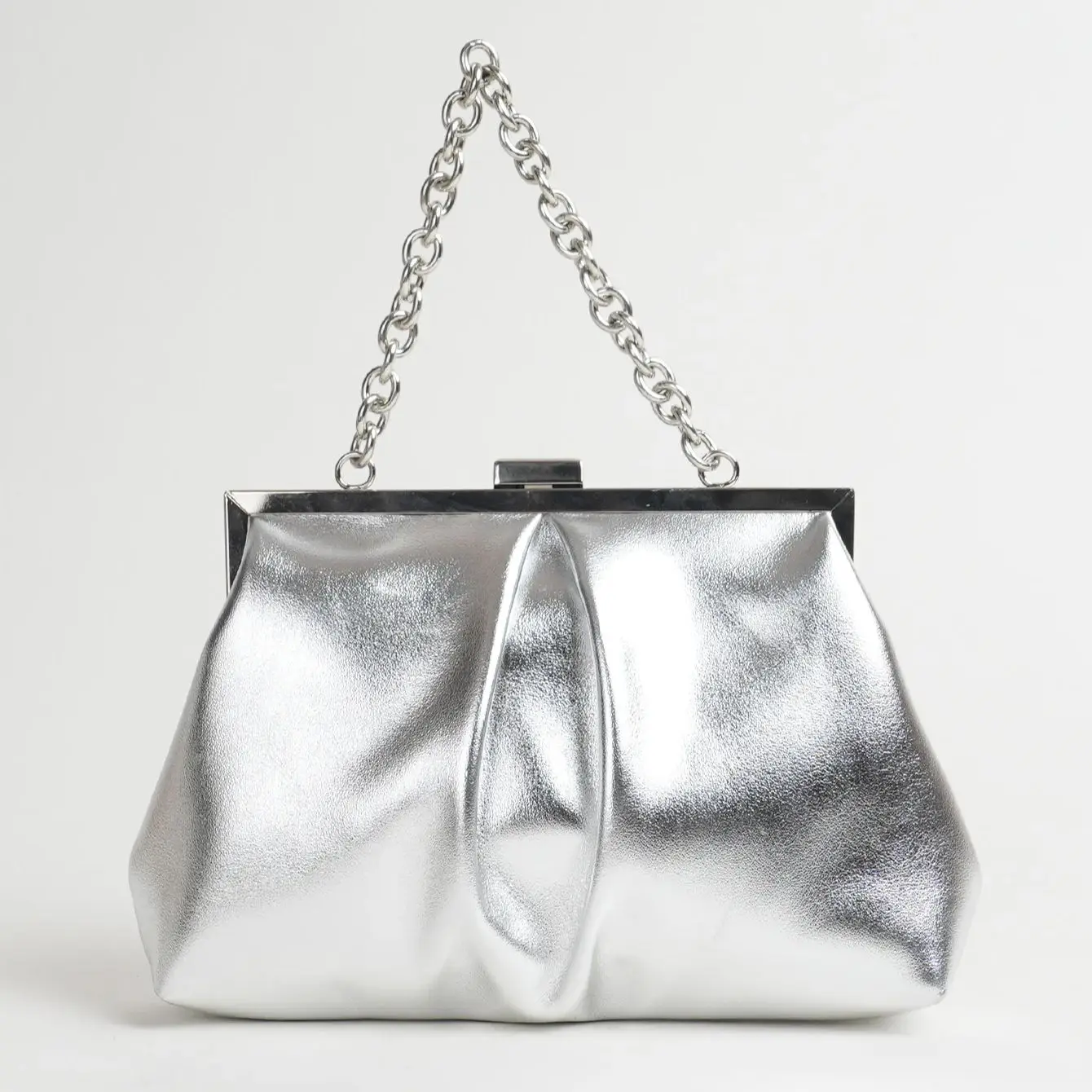 1 Stück Elegante Abendtasche aus Metallic-PU-Leder mit Falten und Kiss-Lock-Verschluss, Glänzender Metallkettenhalter-Rahmen, Crossbody-Clutch-Tasche – Detail 1