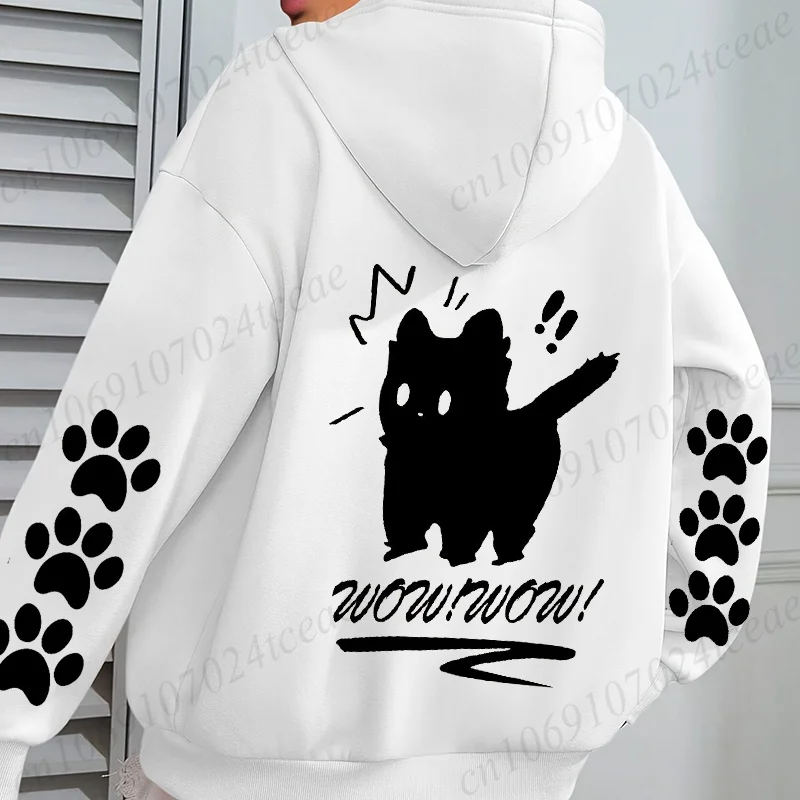 

Cute Black Cat Cartoon Print Sweatshirts Women Harajuku Casual Loose Hooded Fashion Pocket Hoodies Autumn Warm Female Clothes