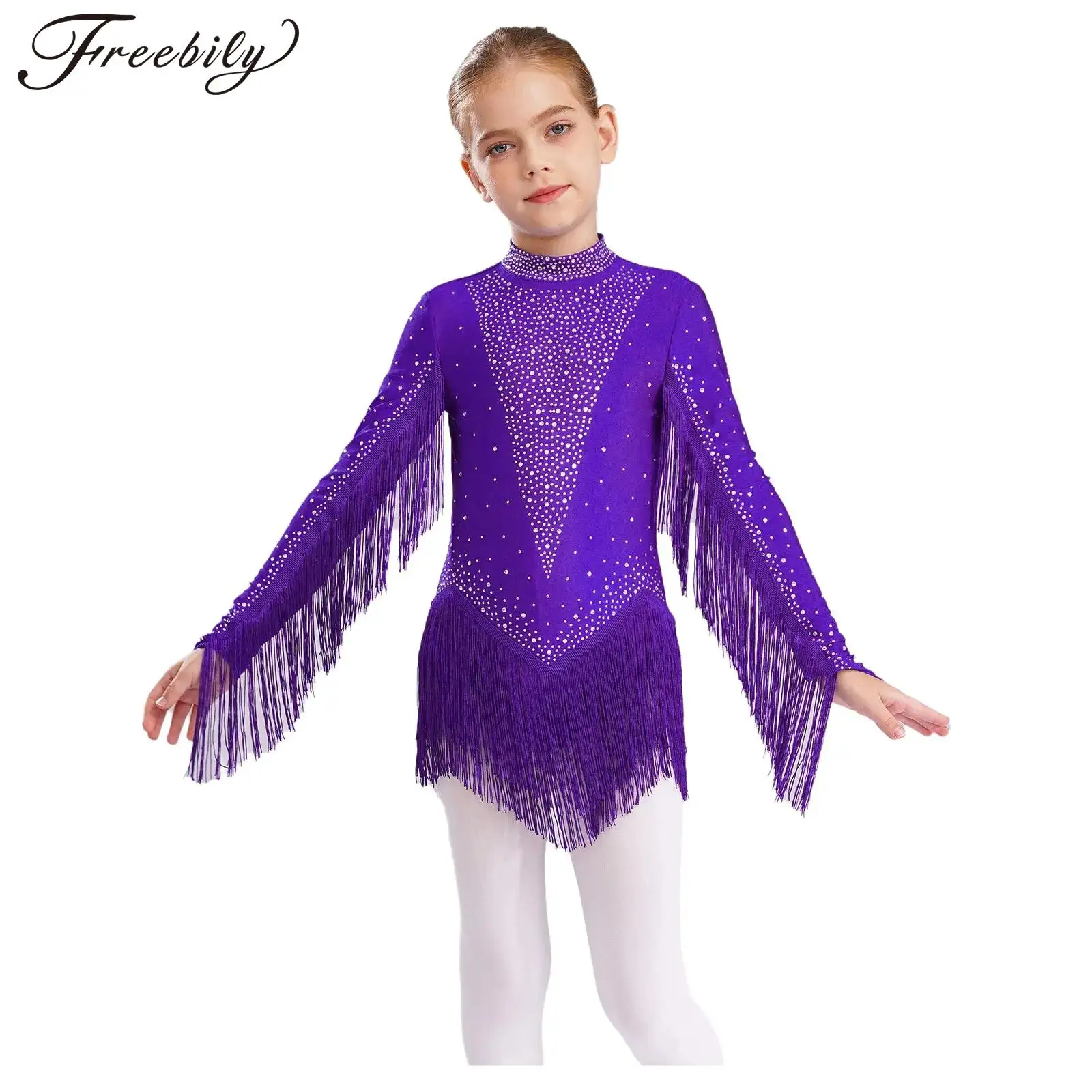 Dziewczęca sukienka trykotowa do łyżwiarstwa figurowego, tańca latynoamerykańskiego, cha-chy, samby, tańca towarzyskiego, z długim rękawem, błyszczącymi dżetami, frędzlami, body, odzież taneczna.