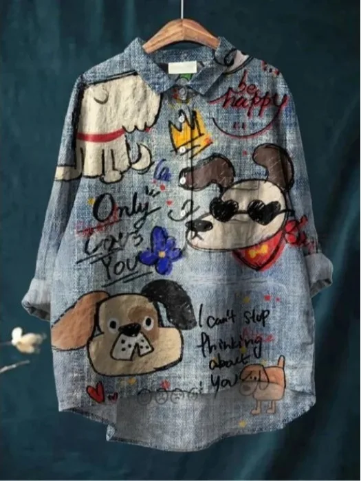 

Spring Summer Heavyweight Cartoon Print Long Sve Women's Loose Casual Faionable irt Versatile Casual irt for Teens