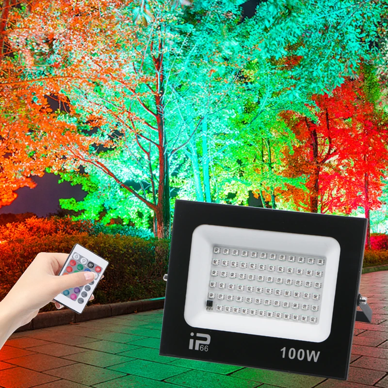 Reflector LED para iluminación exterior, luz de inundación RGB IP66, resistente al agua, AC85-265V, 30W, 50W, 100W, 15 colores y luz fría