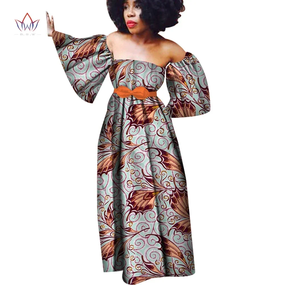 

Bintarealwax Fashion African Dresses for Women Dashiki African Print Strapless Dress with Trumpet Sleeves Party Dress WY3125