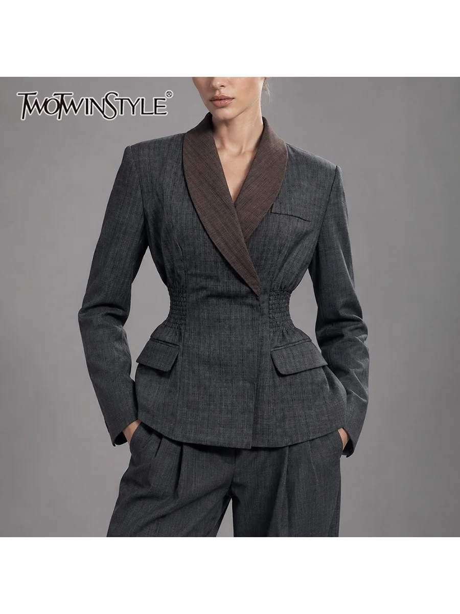 TWOTWINSTYLE Colorblock Spliced Pocket Slimming Jacket for Women Lapel Collar Long Sleeve Patchwork Button Jackets Female Style