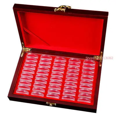 50 Pcs Wood Coin Display Box Storage Holder Round Commemorative Collection