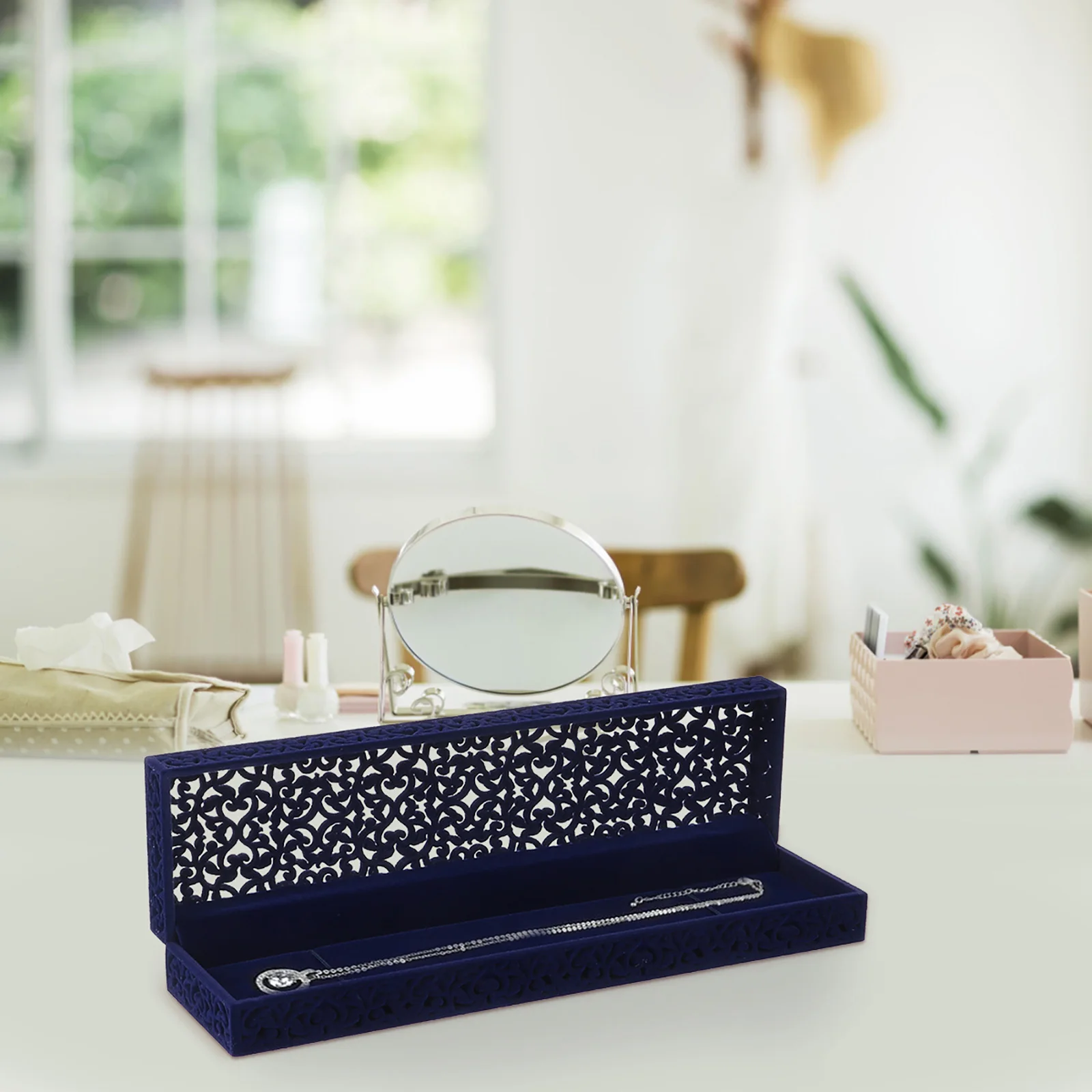 

Королевская синяя шкатулка для ожерелья, футляр для ювелирных изделий, подарочный держатель, полый высококачественный флокированный мисс